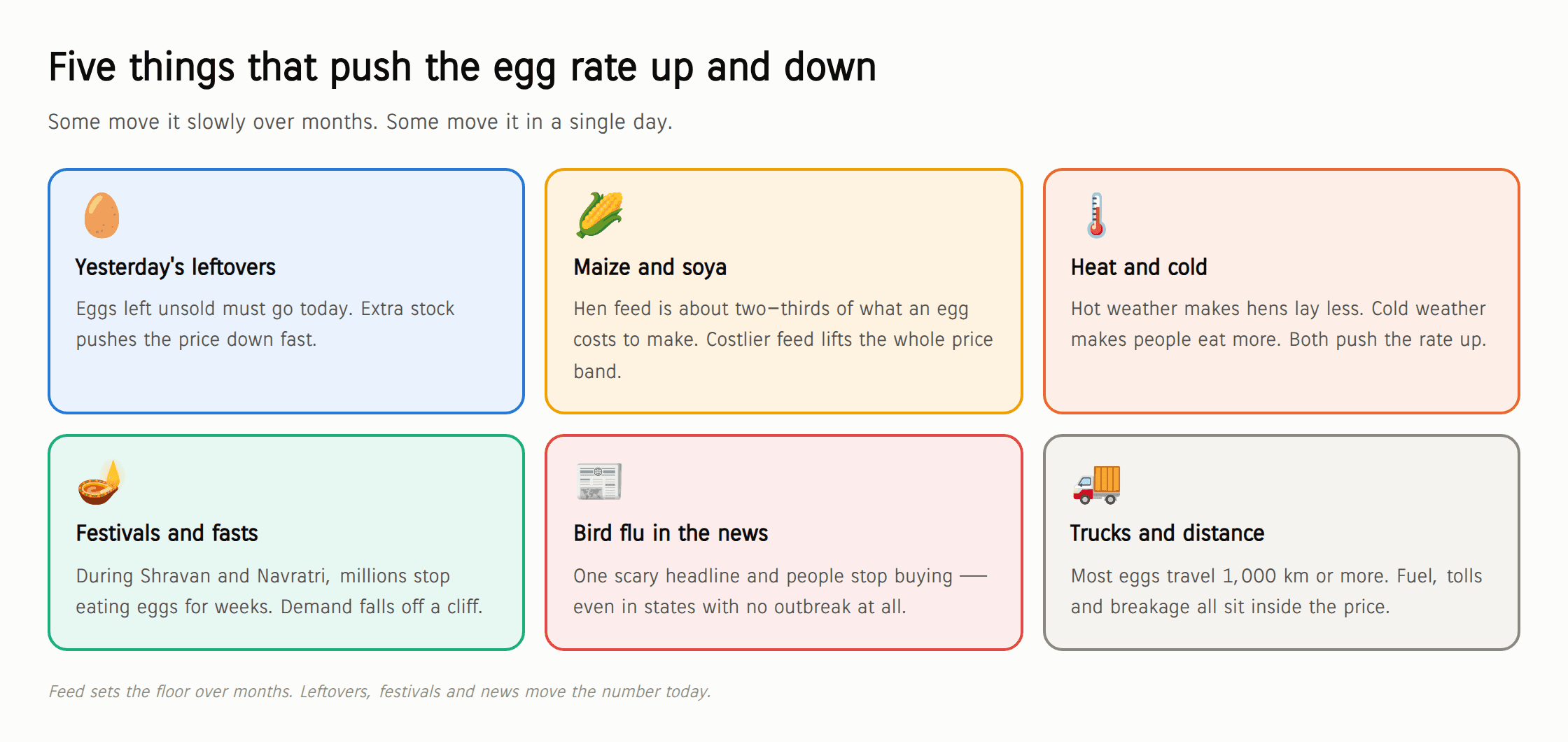 Five factors that move the egg rate: yesterday's unsold leftovers, maize and soya feed costs, heat and cold, festivals and fasts, bird flu in the news, and trucks and distance.